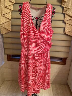 Boden Orange/White Abstract Print Sleeveless V Neck Ruched Dress Women Size 14R